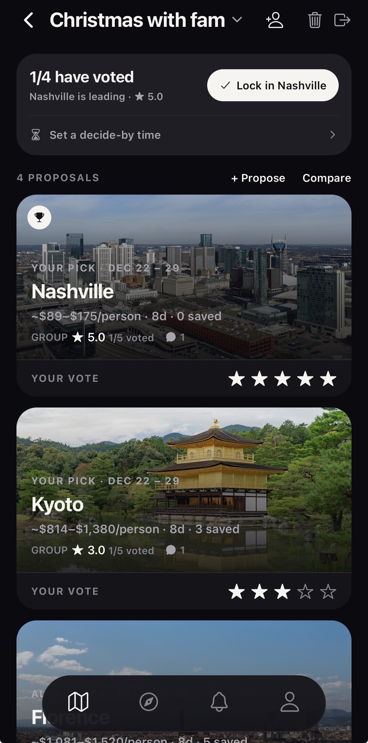 A trip in advntr with a live vote and proposals for Nashville and Kyoto